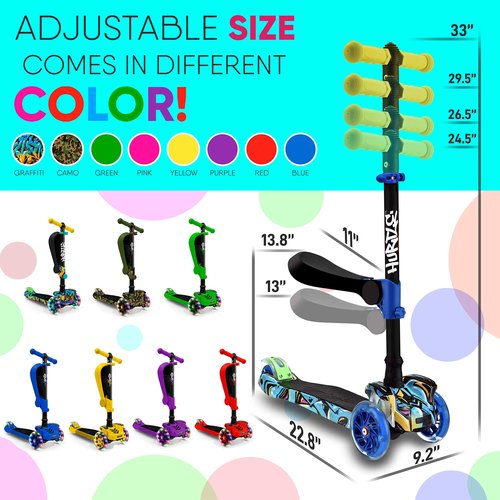 Hurtle ScootKid 3-Wheel Kids Scooter - Child & Toddler Toy Scooter with Built-in LED Wheel Lights, Fold-Out Comfort Seat (Ages 1+) (Graffiti)