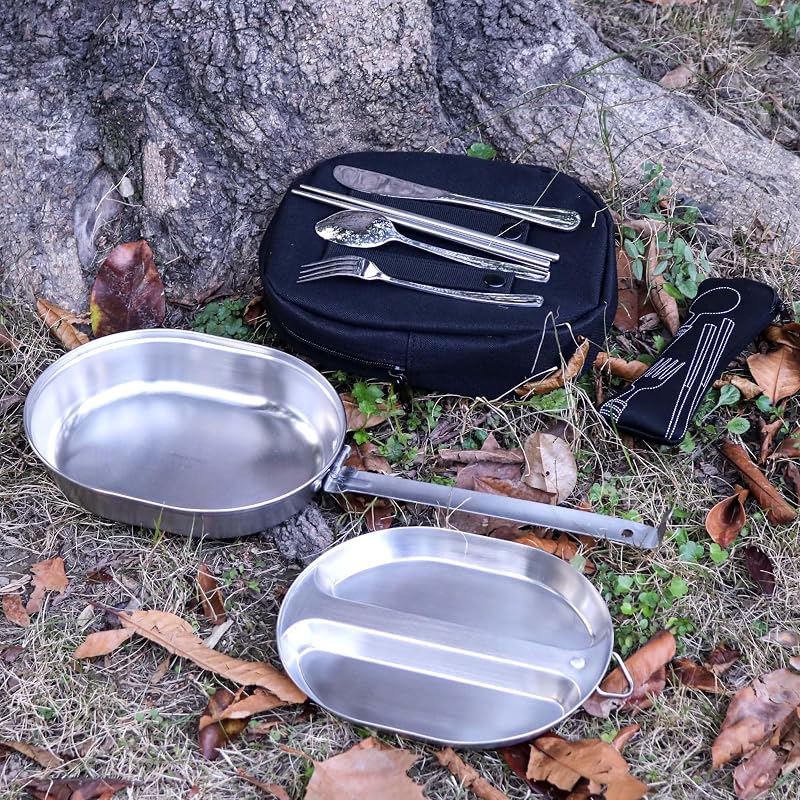 GI Type 304 Stainless Steel Mess Kit Plate Set with Utensils – Camping Dinnerware, Outdoor Eating Kit