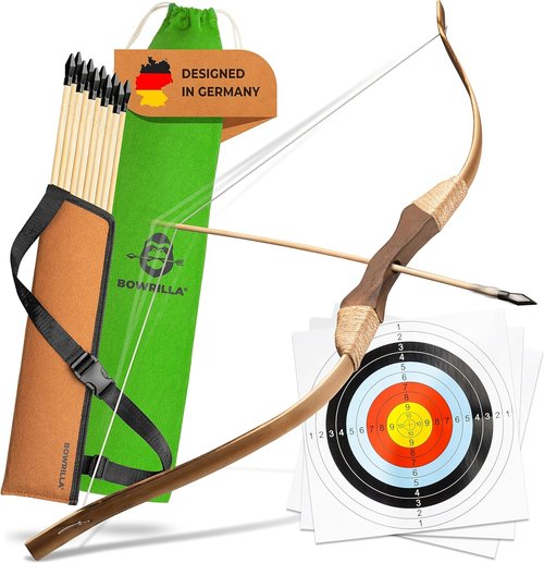 BOWRILLA® Kids Wooden Bow and Arrow Set - Includes 10 Arrows, Quiver, 3 Targets & Storage Bag | Perfect for Indoor & Outdoor Play