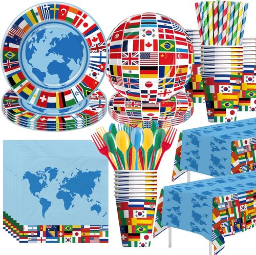 APOWBLS International World Flags Decorations - Olympic Party Supplies Set for 24 | Plates, Cups, Napkins, Cutlery, Tablecloth