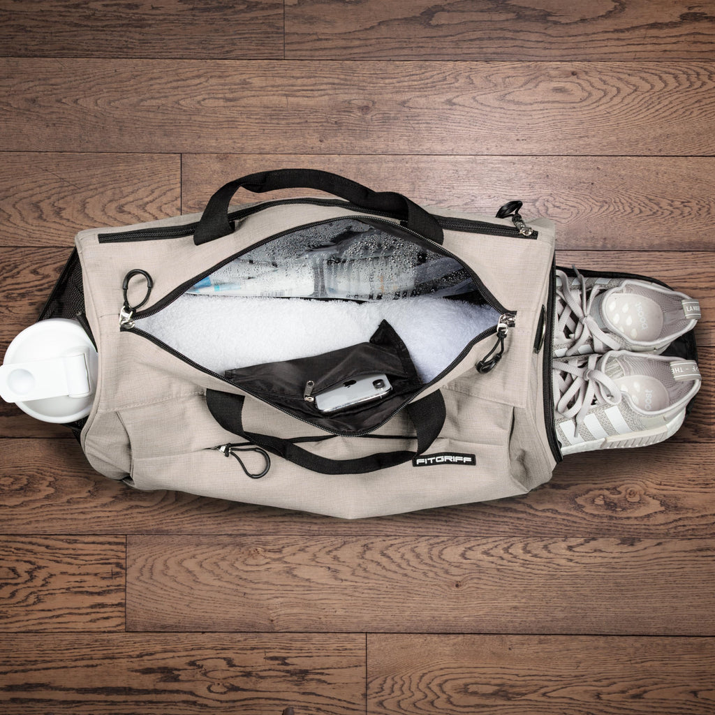 Fitgriff® Gym Bag for Men & Women with Shoe & Wet Compartment - Duffle Bag for Travel, Sports, Fitness & Workout (Beige, 23 x 12 x 12″ (Medium))