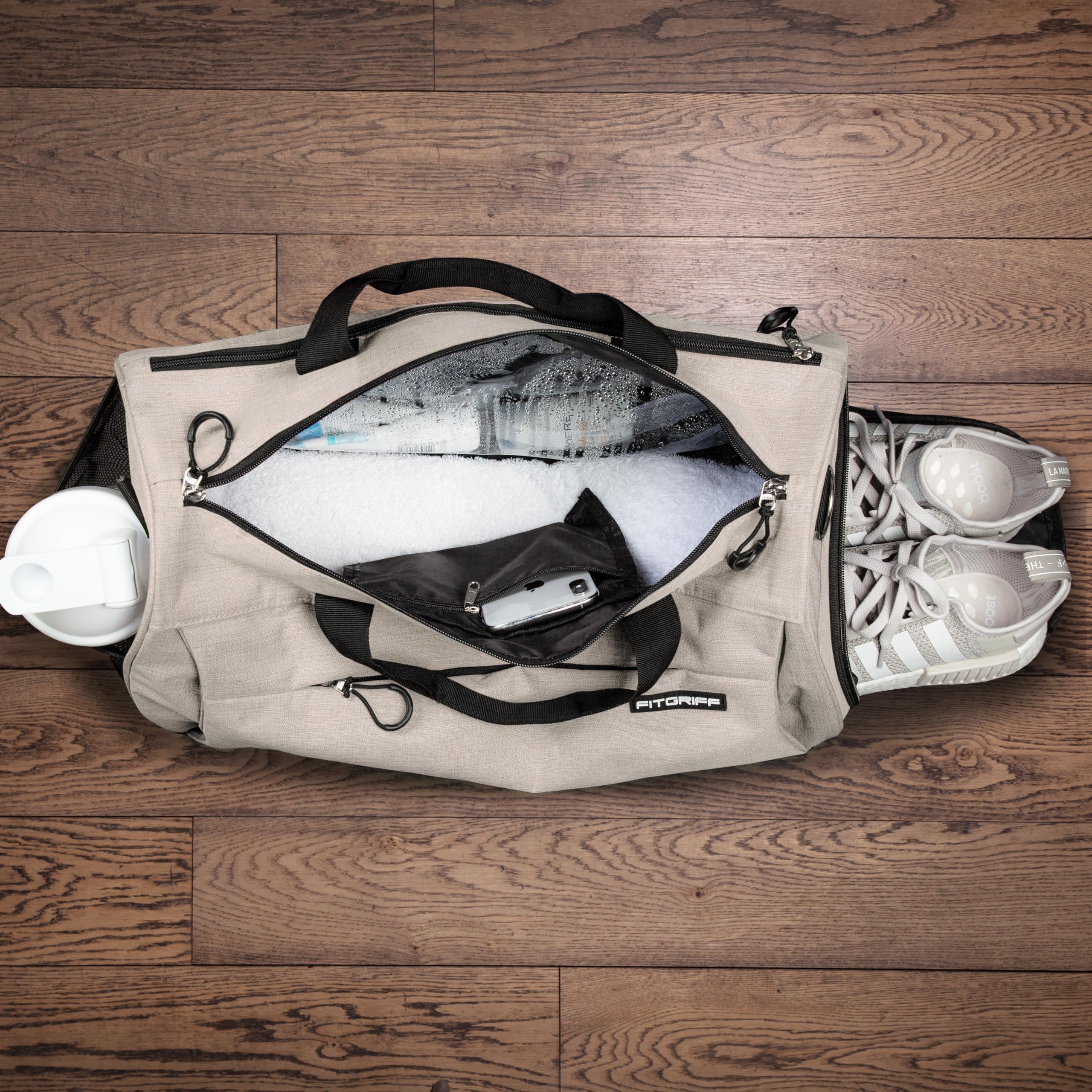 Fitgriff® Gym Bag for Men & Women with Shoe & Wet Compartment - Duffle Bag for Travel, Sports, Fitness & Workout (Beige, 23 x 12 x 12″ (Medium))
