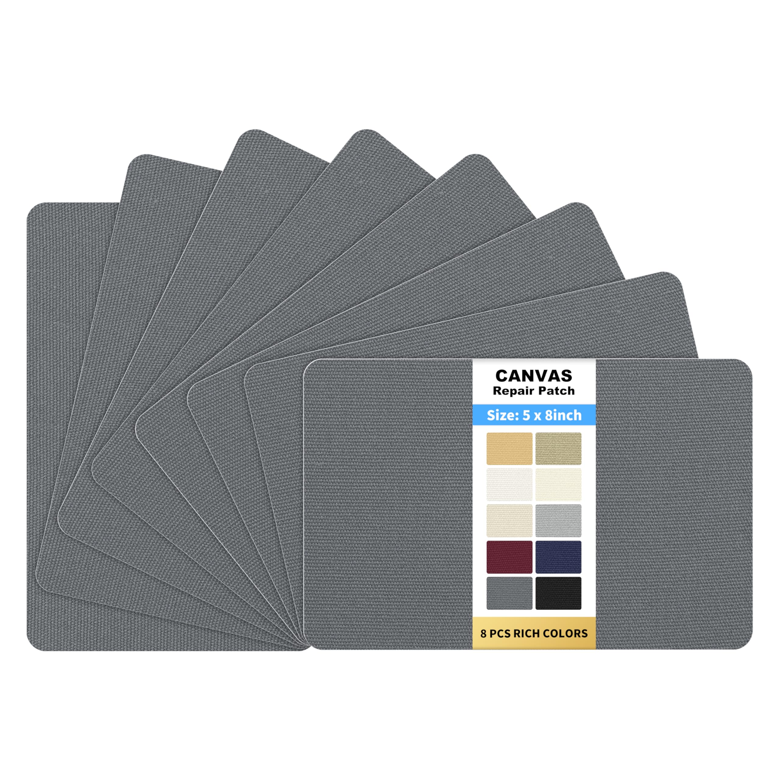 KING MOUNTAIN Canvas Repair Patch 5×8 Inch 8 Pcs Self-Adhesive Waterproof Fabric Patch for Sofas, Tents, Furniture,Tote Bags, Car Seats (Charcoal Grey)