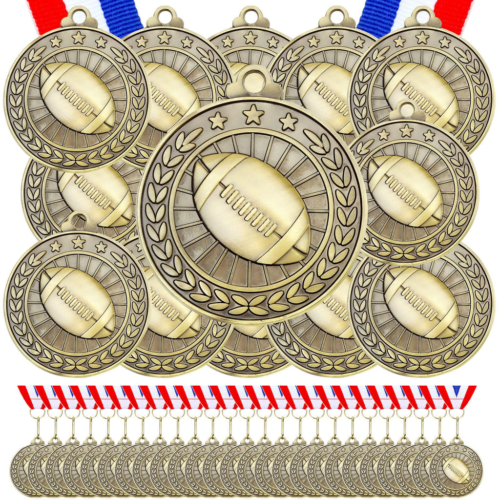 Remuuly 60 Pcs Gold Award Medals 2 Inch Soccer Baseball Volleyball Football Cheer Trophy Medals Metal Awards Bulk with Neck Ribbons Trophy Prize Gifts for Sports Competitions(Football)