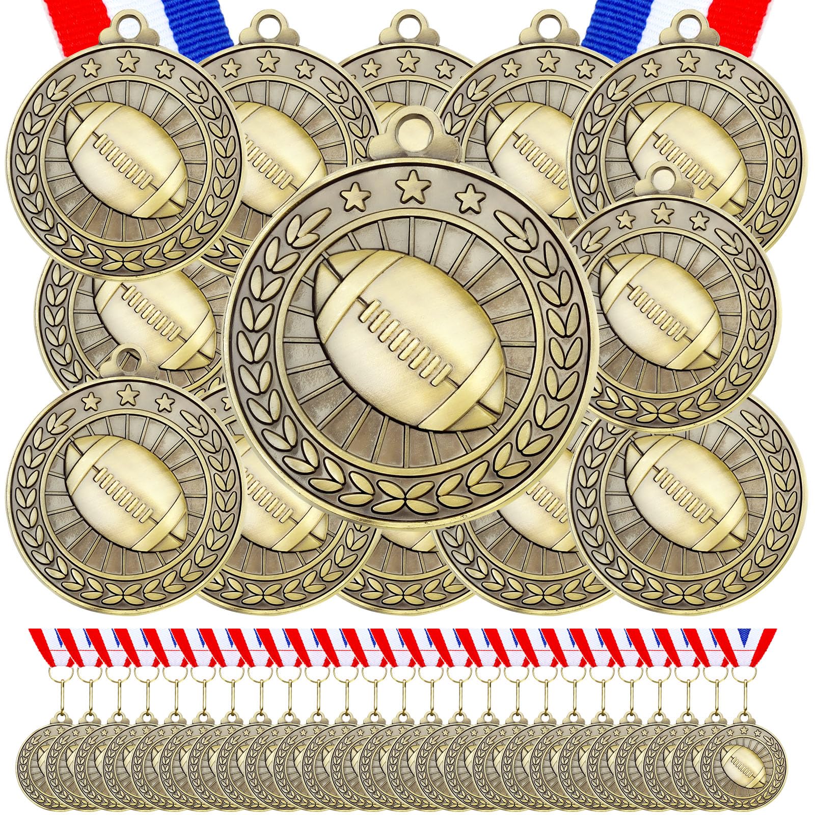 Remuuly 60 Pcs Gold Award Medals 2 Inch Soccer Baseball Volleyball Football Cheer Trophy Medals Metal Awards Bulk with Neck Ribbons Trophy Prize Gifts for Sports Competitions(Football)
