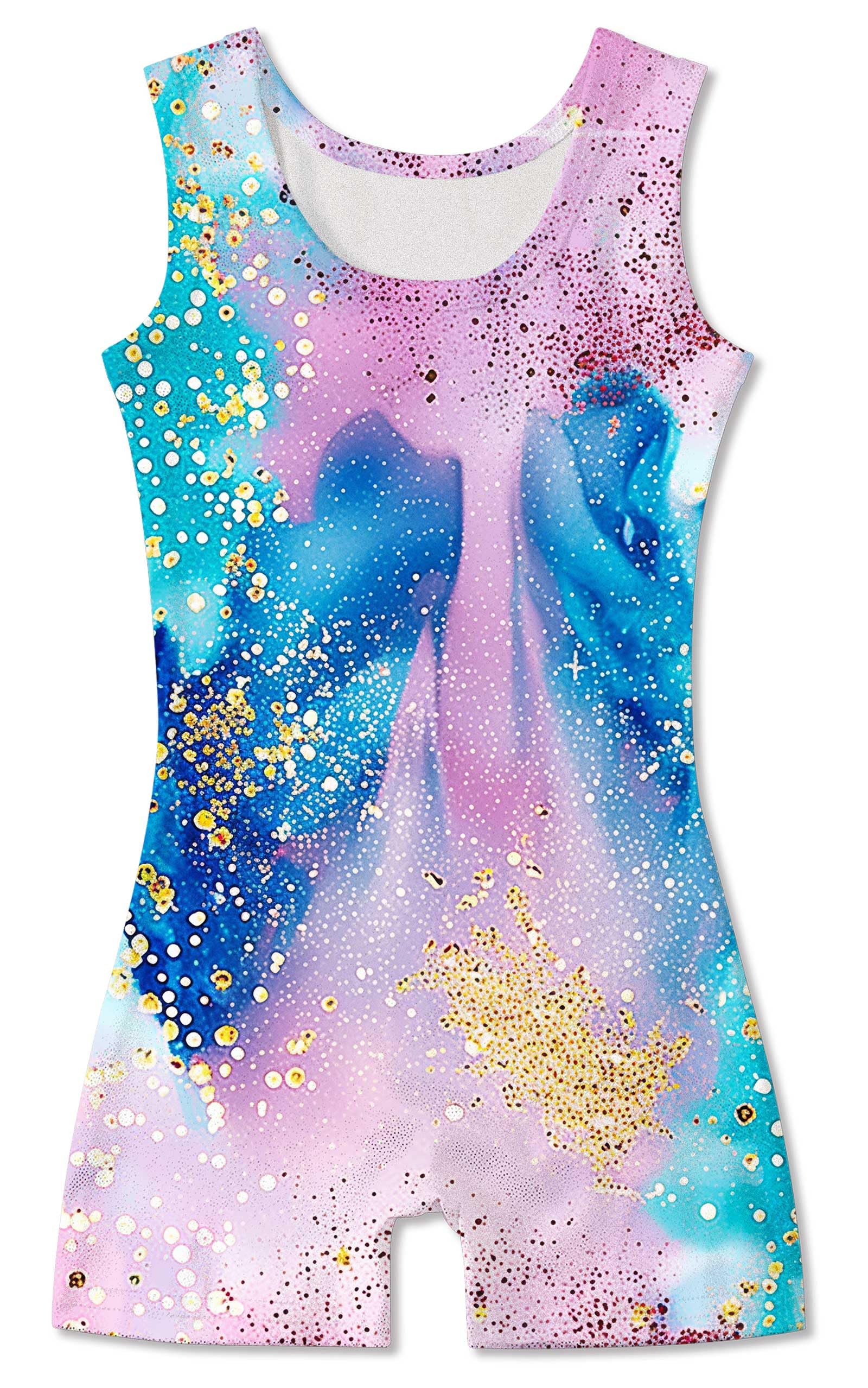 Funnycokid Gymnastics Leotards for Girls Dance Outfits Unitard Sparkly Clothes with Shorts, Diamond Blue Pink, 5-6 Years