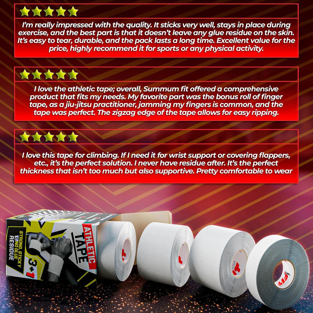 Summum Fit White Athletic Tape Extremely Strong: 3 Rolls + 1 Finger Roll. Easy to Apply & No Residue. Sports Tape Athletic for Boxing Football Climbing or Gymnastics for Wrist Ankle & Hand Protection