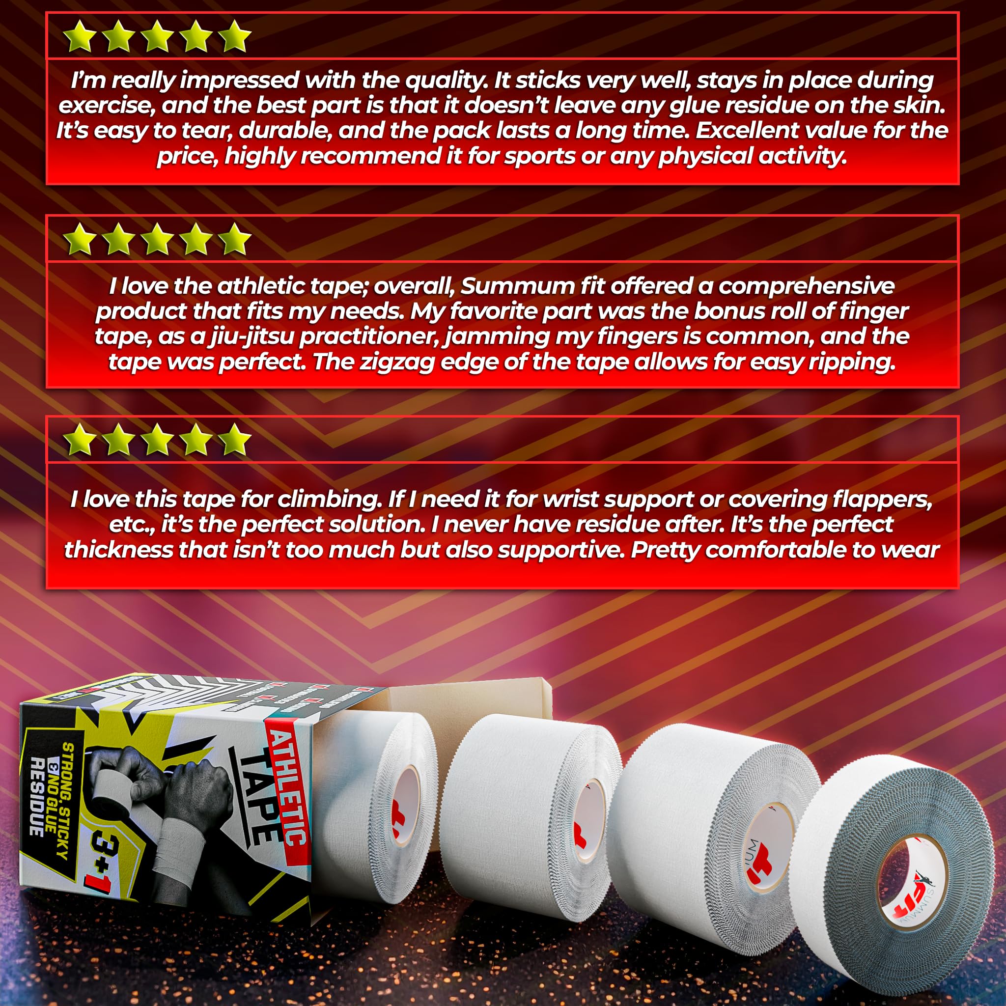 Summum Fit White Athletic Tape Extremely Strong: 3 Rolls + 1 Finger Roll. Easy to Apply & No Residue. Sports Tape Athletic for Boxing Football Climbing or Gymnastics for Wrist Ankle & Hand Protection