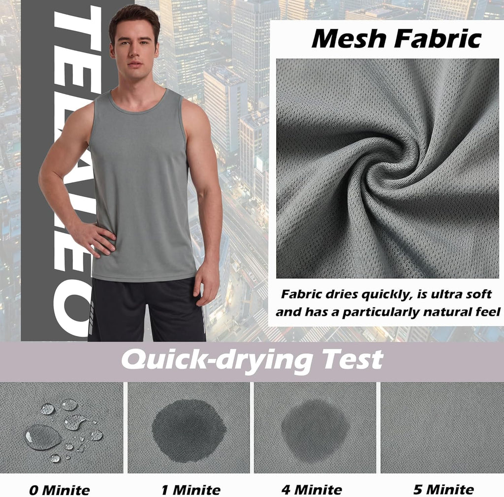 TELALEO Men's Workout Tank Tops - 5 Pack Sleeveless Mesh Gym Shirts | Quick Dry in Black, Gray, Navy & Blue