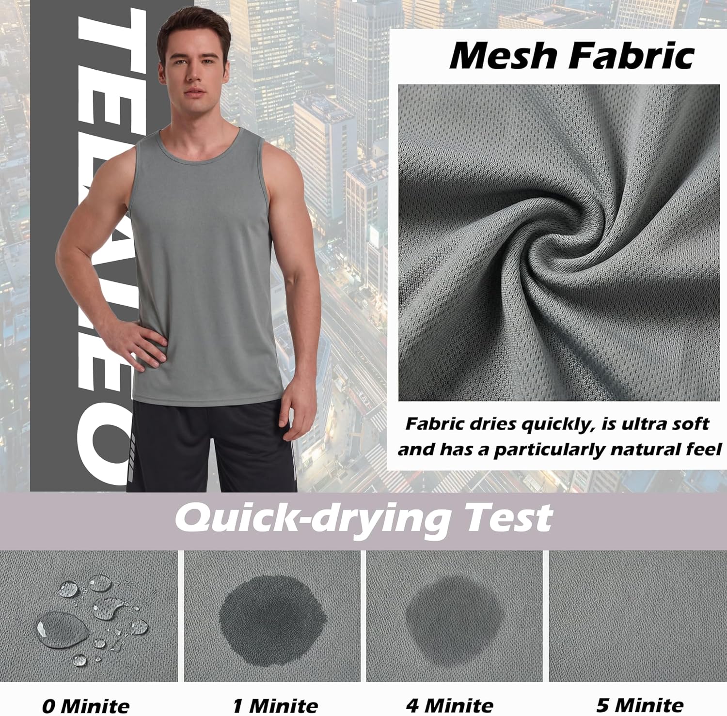 TELALEO Men's Workout Tank Tops - 5 Pack Sleeveless Mesh Gym Shirts | Quick Dry in Black, Gray, Navy & Blue