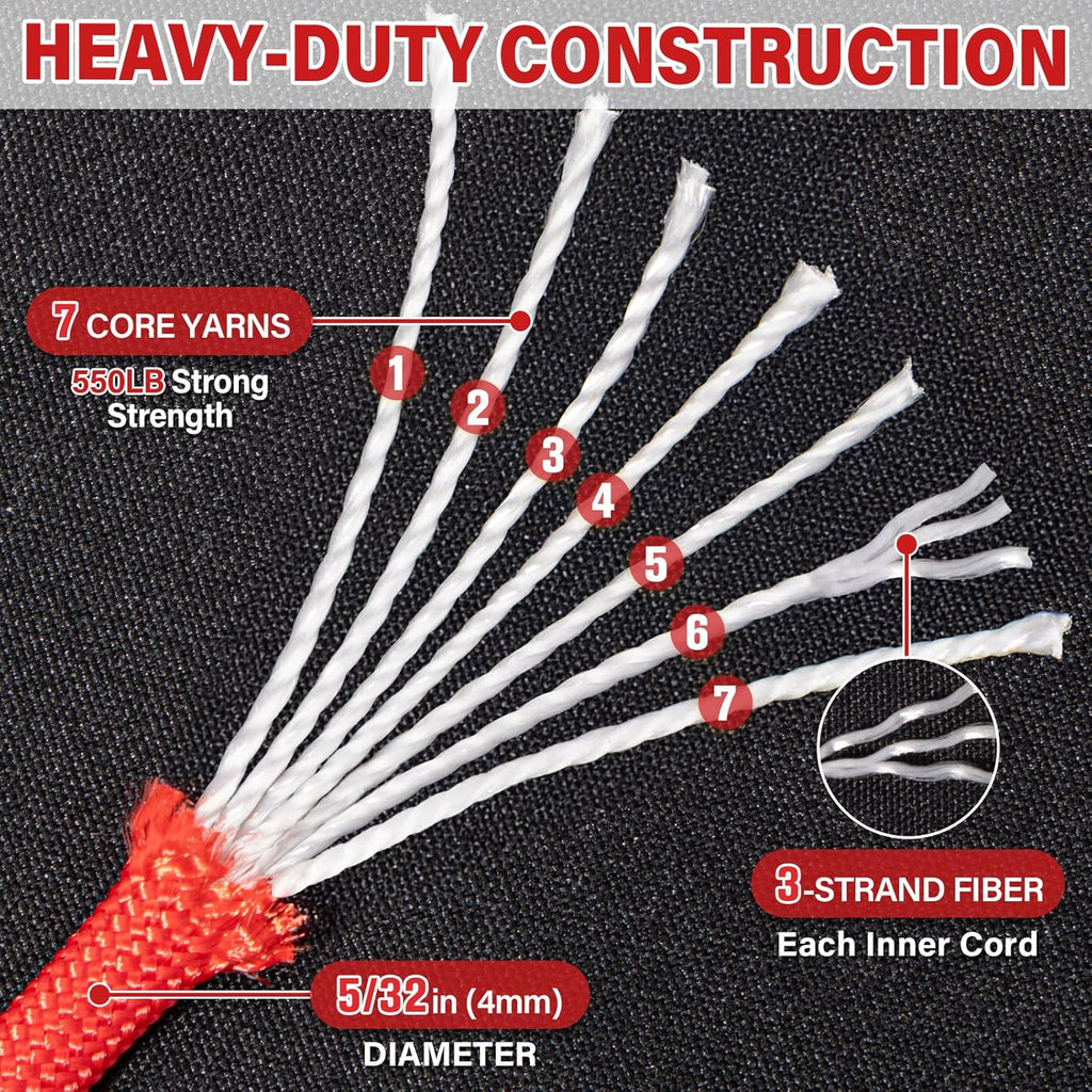 Paracord 550 lb | Heavy-Duty 50ft Parachute Cord - 4MM 7-Strand Survival Rope in Red