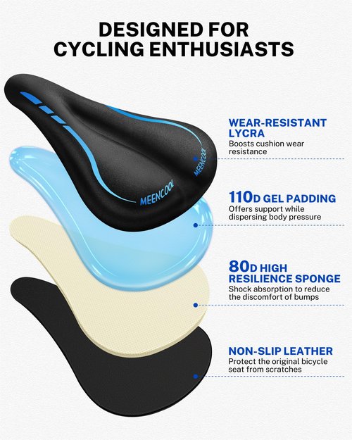 MEENCOOL Bike Seat Cushion - Gel Padded Bike Seat Cover for Men Women Comfort, Adjustable Velcro Secure Bicycle Seat Cushion Compatible with Peloton, Indoor & Outdoor Bicycle Seat(11"x7"，Blue)