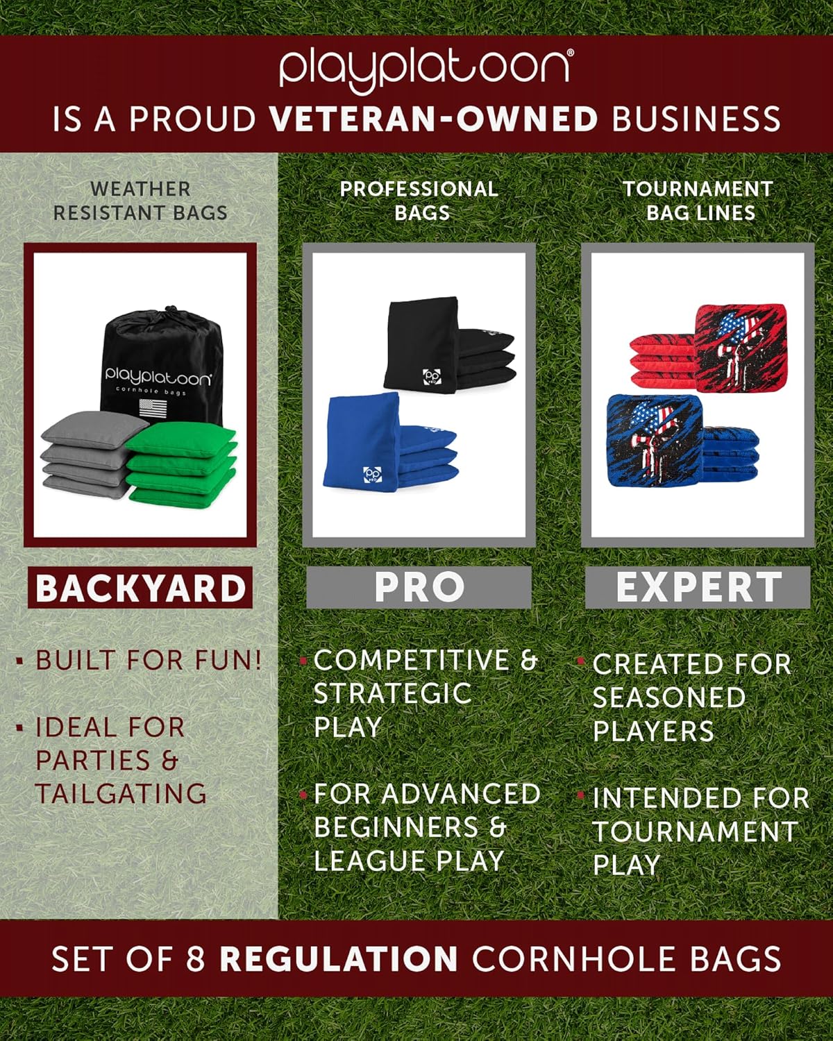 Play Platoon Cornhole Bags - Weather Resistant Set of 8 | Official Size & Weight with Tote Bag
