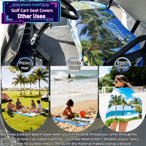 WUKO HUNT Golf Cart Seat Covers - Quick-Dry Cooling Seat Blanket with 4 Front Pockets, Elastic Armrest Openings, Fits EZGO Yamaha Club Car EPIC, 2-Person Microfiber Suede, Sweat Absorption, All-Season