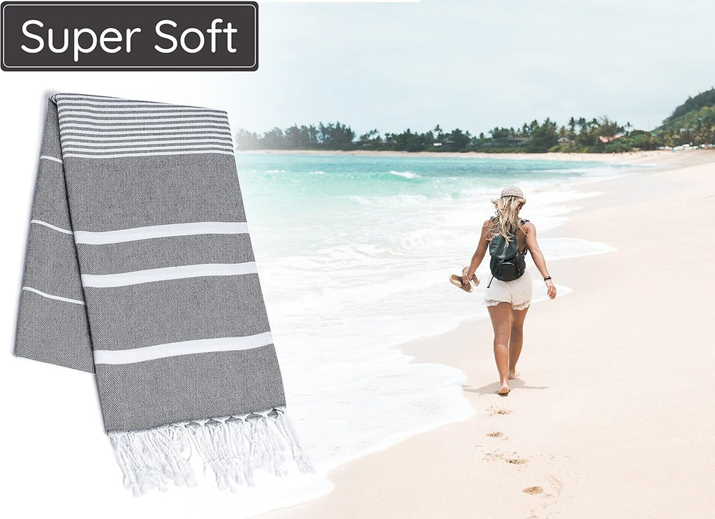Premium Turkish Beach Towel - 100% Cotton, Quick Dry, Oversized 35”x 67” - Sand Free, Ideal for Travel & Pool - Black
