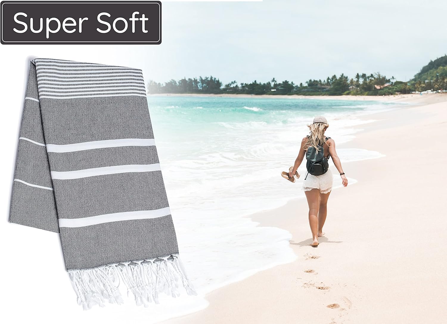 Premium Turkish Beach Towel - 100% Cotton, Quick Dry, Oversized 35”x 67” - Sand Free, Ideal for Travel & Pool - Black
