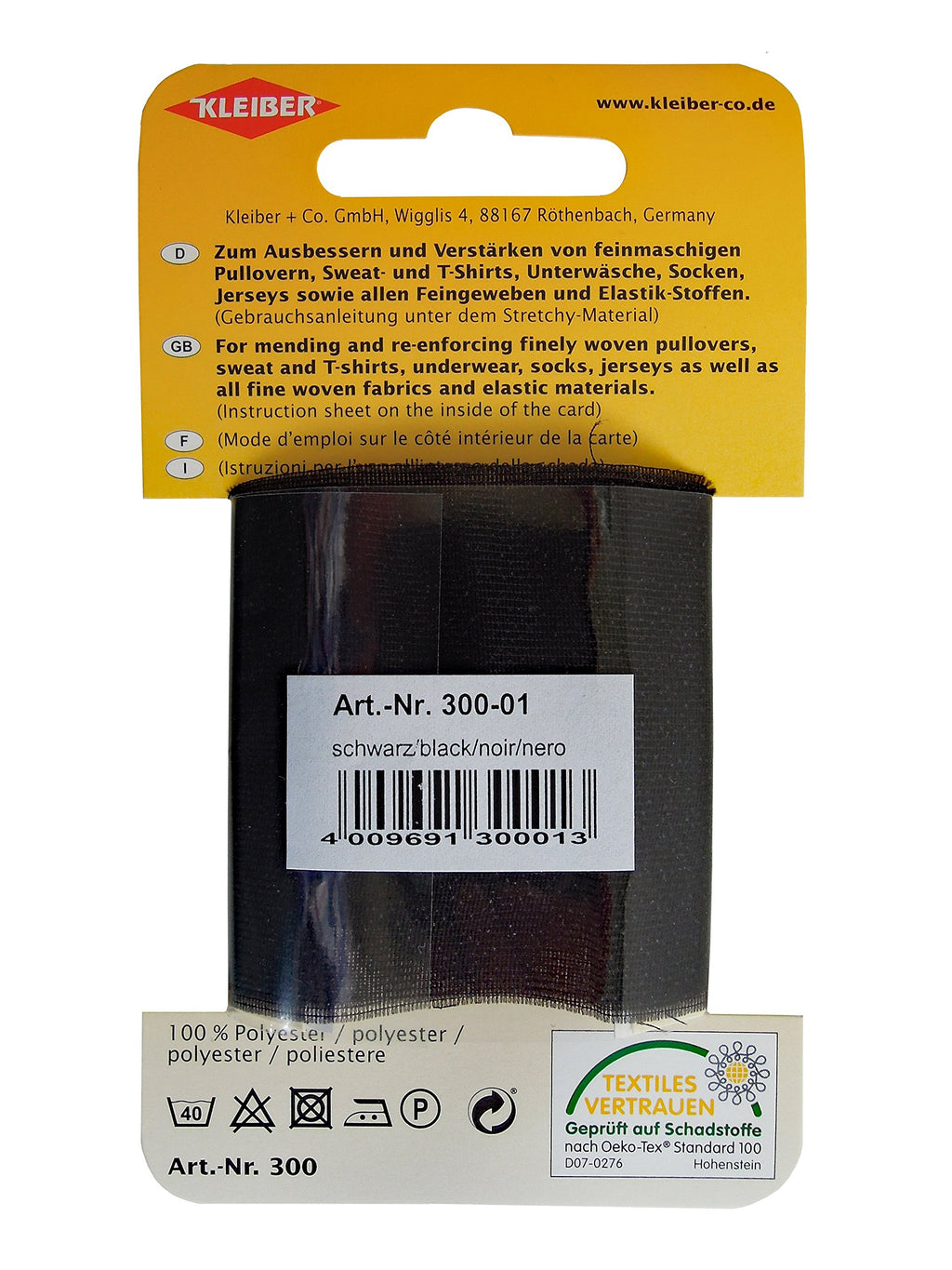Kleiber Iron On Elasticated Clothing Repair Tape, 40cm x 6cm, Black
