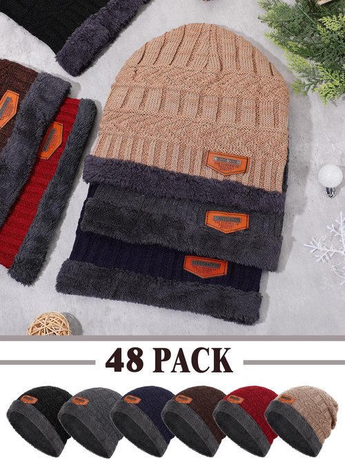 Silicherry 48 Pcs Winter Beanie Bulk for Homeless, Winter Knit Beanies Fleece Inner Warm Hat Thick Knit Skull Cap Beanie Hats for Homeless Donation Shelters
