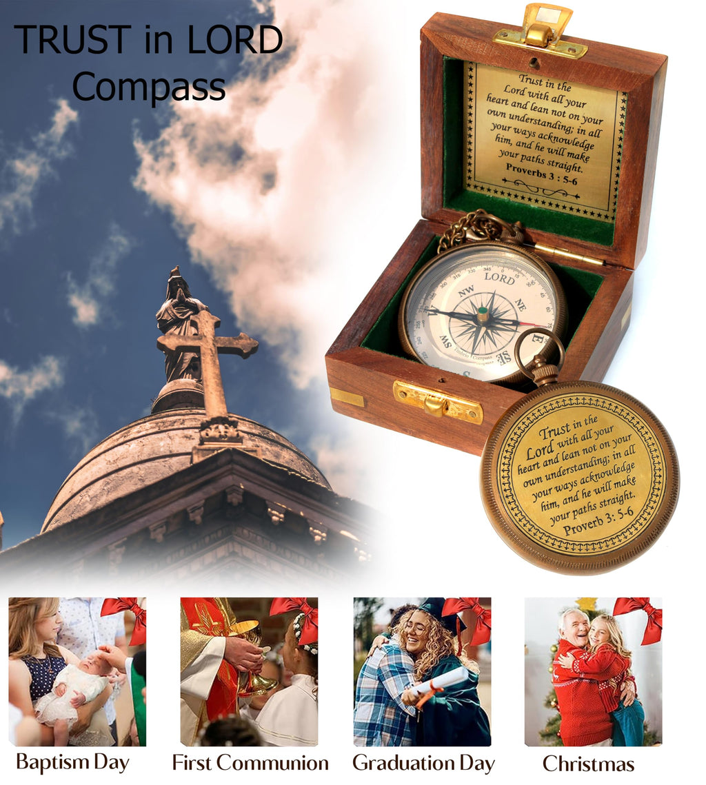 Trust in The Lord with All Your Heart -Proverbs 3: 5-6 Quote Engraved Compass with Wooden Box, Baptism Gifts for Boys, Inspirational Gifts Men, Graduation Day Gifts, First Communion Gifts