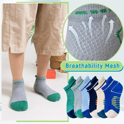 Eyean Boys Athletic Half Cushioned Ankle Socks Kids Cotton Sport Low Cut Socks 6 Pairs (Blue/Grey/Beige, 9-12 Years)