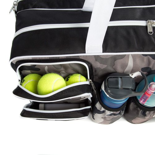 K-Cliffs Tennis Racket Bag | Deluxe Ballistic Nylon Travel Duffel | Shoe Compartment Snow Camo White Black