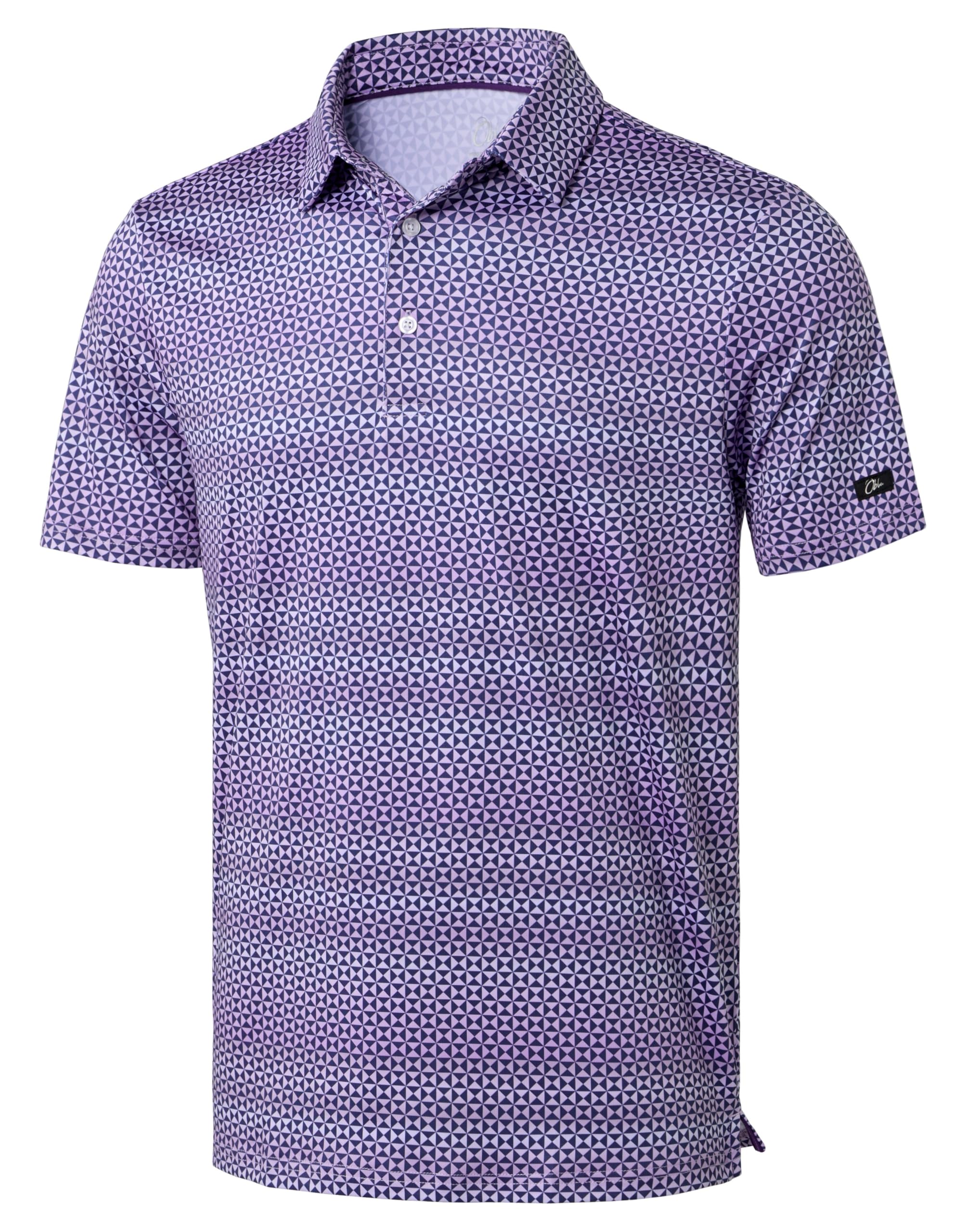 Obla Mens Golf Polo Shirts Short Sleeve Dry Fit Performance Moisture Wicking Casual Print Collared Golf Shirts for Men(Purple Square_XXL)