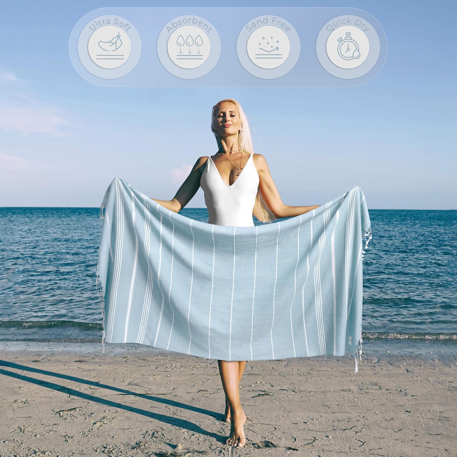 Turkish Beach Towel - Quick Dry & Absorbent Oversized (39" x 71") | Versatile Travel Blanket, Gym & Pool Towel in Baby Blue