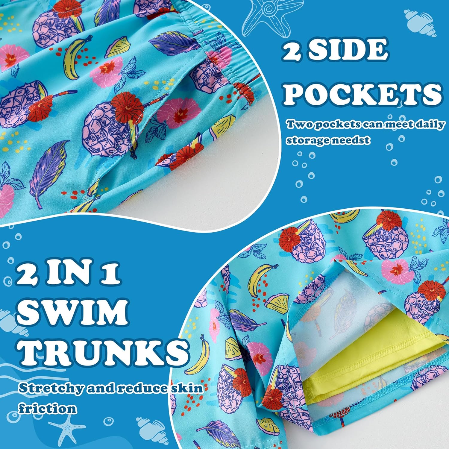 Skiennix Boys Swim Trunks - Quick-Dry Stretch Swim Shorts with Compression Liner | Ages 5-12Y