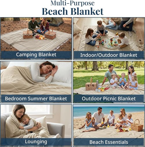 **LANE LINEN Turkish Beach Blanket - Sandproof, Lightweight & Quick-Dry, 82"x82", Perfect for Summer Vacations & Yoga - Beige**