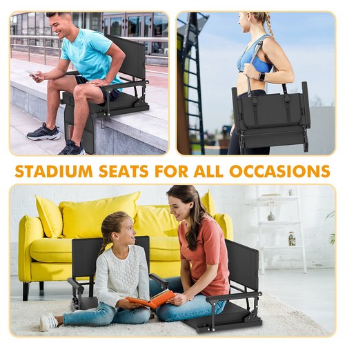 Annzoe Stadium Seats for Bleachers with Back Support, 600 Lbs Rated with Lightweight Soft Comfort Cushion, Stadium Seating for Bleachers with Adjustable Back Support and Shoulder Strap (Black)