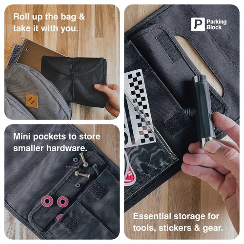 Parking Block Hang Tight Skateboard Deck Wall Mount - Ultimate Storage Solution for Skate Board & Longboard - Fits Most Doors - Includes Roll-Up Storage Bag for Hardware & Accessories for Display