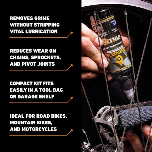 Clenzoil Chain & Sprocket Cleaning Kit - Chain Cleaner Lubricant Protectant (CLP) - Wet Lube Application, Dry Lube Performance - 4 oz Bottle, 0.5 oz Needle, Microfiber Towel & Chain Brush