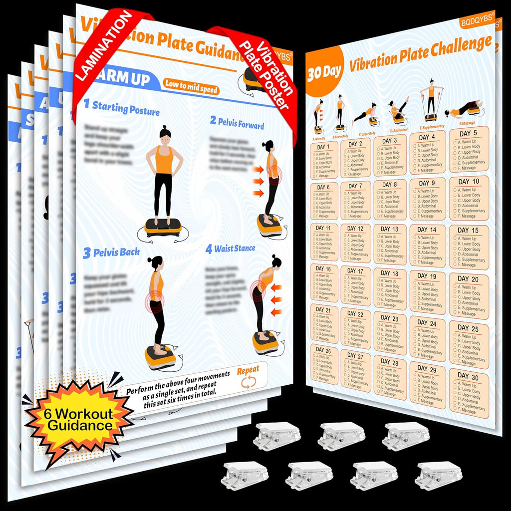 Skiennix Vibration Plate Exercise Machine Poster - 6 Workout Guides & 2 Planner Charts for Full Body Fitness