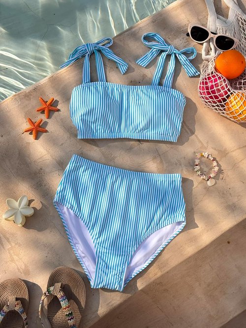 Herseas Women's Bikini Set - Striped High-Waisted Swimsuit with Tie Shoulder Design