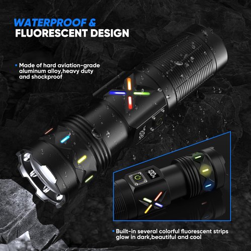 erbrigtli Flashlights High Lumens 10000 Rechargeable, Super Bright 50W LED, Long Running 15 Hours, USB C Input & USB Output, Zoomable 3 Modes, Powerful Strong Flash Light for Home Hiking Camping