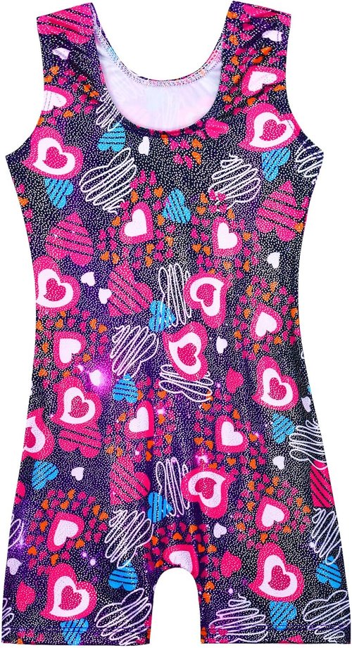 Domusgo Gymnastics Leotards - Sparkly One-Piece Unitard for Girls | Pro Kids Biketards with Shorts