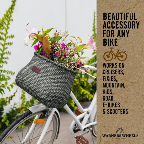Warners Wheels Bike Basket Front for Women's and Mens Cruiser with Coffee Cup Holder, Handmade Bicycle Basket for Adult Bikes mounts to Front Handlebars of Beach Cruisers (Black)