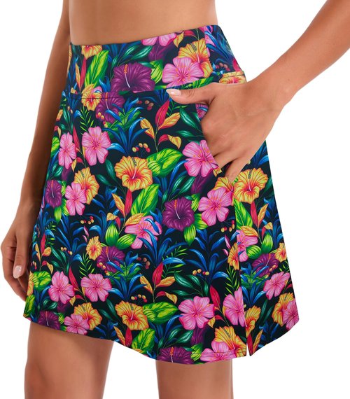Oyamiki Women's Active Athletic Skort Lightweight Tennis Skirt Perfect for Running Training Sports Golf D08 Pink Yellow Floral L