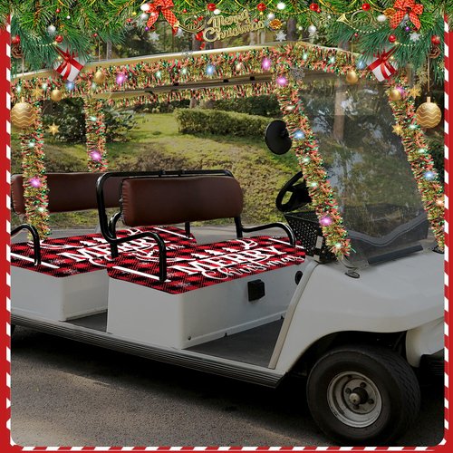 gisgfim Christmas Golf Cart Seat Covers 1 Pcs for 1 Person Seats 33ft Christmas Garland with LED Lights Red and Black Checkered Xmas Decorations Golf Cart Decorations Accessories, 51L x 31W Inches