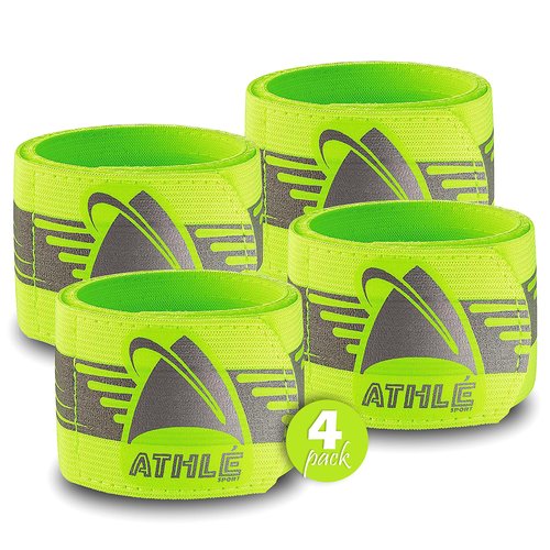 Athlé Reflective Bands 4 Pack – Adjustable 16" Neon Yellow Straps for Wrist, Arm and Ankle - High Visibility Safety Gear for Running, Jogging, Cycling and Biking