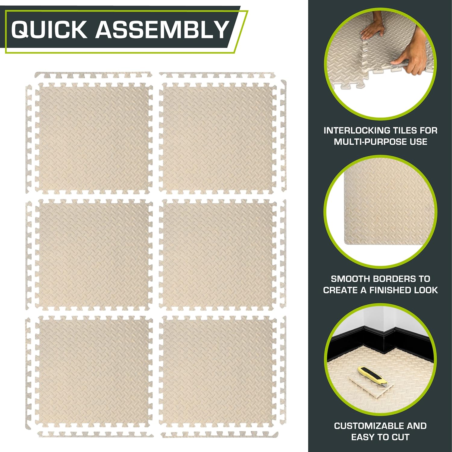ProsourceFit Puzzle Exercise Mat - EVA Interlocking Foam Tiles for Home Gym | Cream, 24" x 24" - 6 Tiles