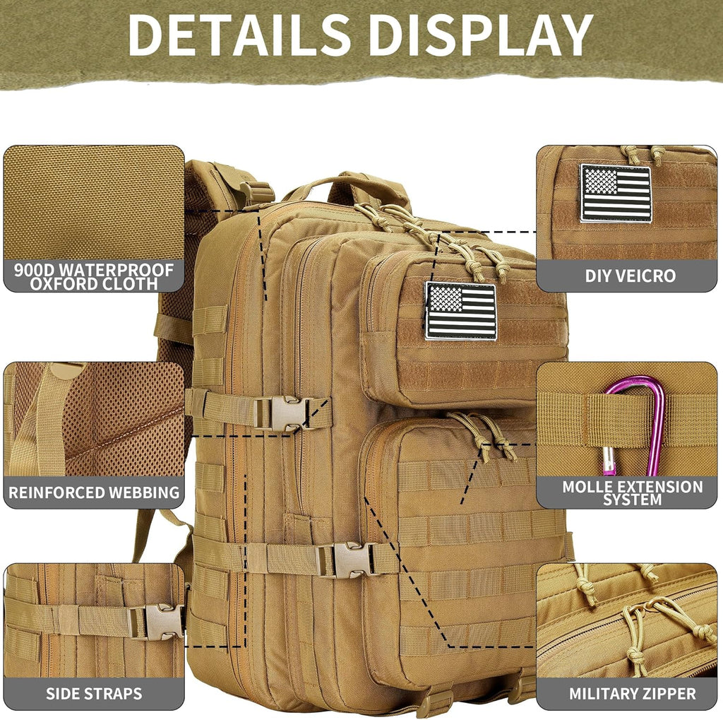 Skiennix 45L Military Tactical Backpack - Durable 3-Day Assault Pack for Hiking & Fitness (Khaki)