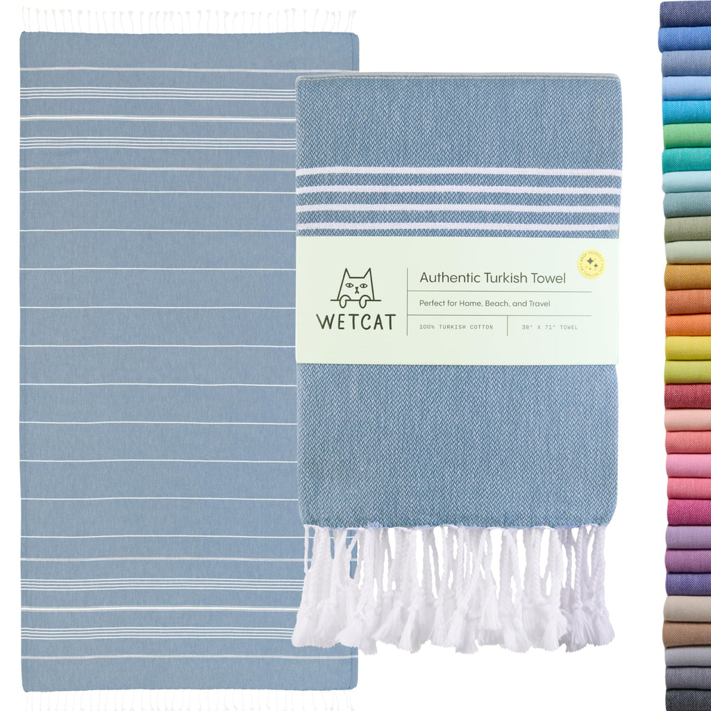 WETCAT Turkish Beach Towel Oversized (38"x71") 100% Turkish Cotton, Made in Turkey - Sand Free, Extra Large, Ultra Soft, Quick Drying, Compact & Lightweight for Travel - Denim Blue