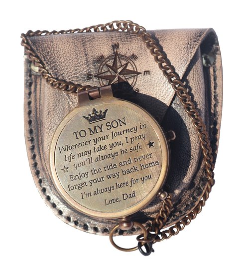 Brass Engrved Compass for Men, Pocket Compass with Leather Case, Antique Handmade Religious Gift Idea for Graduation, Communion, Baptism (to My Son, Love Dad)