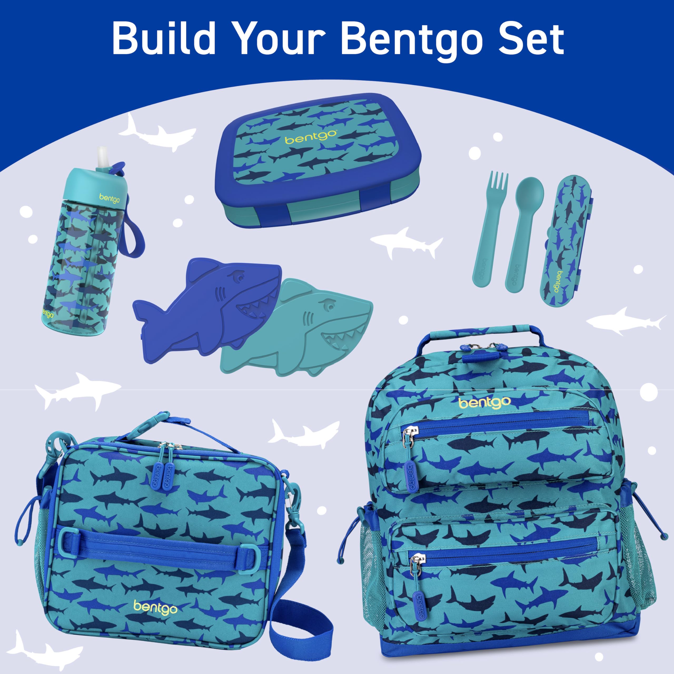 Bentgo Kids Water Bottle - Leak-Proof, Durable Tritan PFAS- & BPA-Free 15 fl oz, Kids/Toddlers Ages 3+ for School & Sports; Bite & Sip Spout, Carrying Handle, Dishwasher Safe (Sharks)