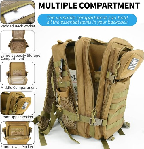 Gracedon Tactical Backpack - 45L Military Molle Assault Rucksack for Men & Women | Khaki Color