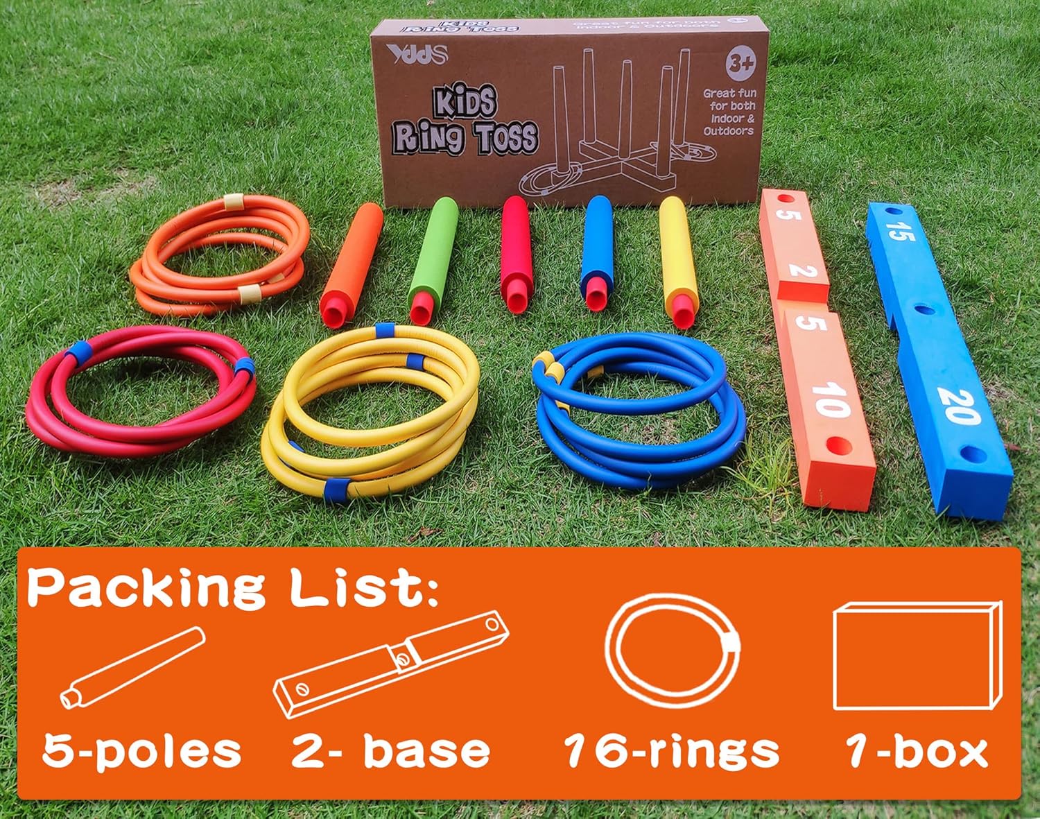 Skiennix Ring Toss Game - Fun Indoor & Outdoor Family Game with 5 Poles, 2 Bases & 16 Colorful Rings