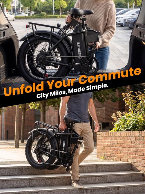 ESKUTE D300 Electric Bike - 1200W Peak Motor, 48V 20.8Ah Battery, 28 MPH, 80 Miles Range, Foldable Design