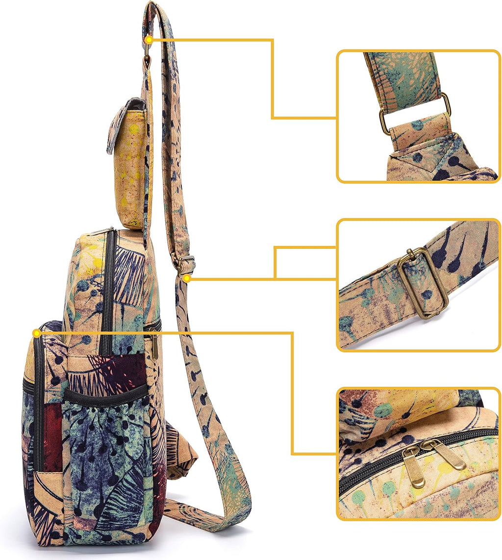 Skiennix Women’s Sling Bag - Large Bohemian Canvas Crossbody Bag in Purple & Yellow