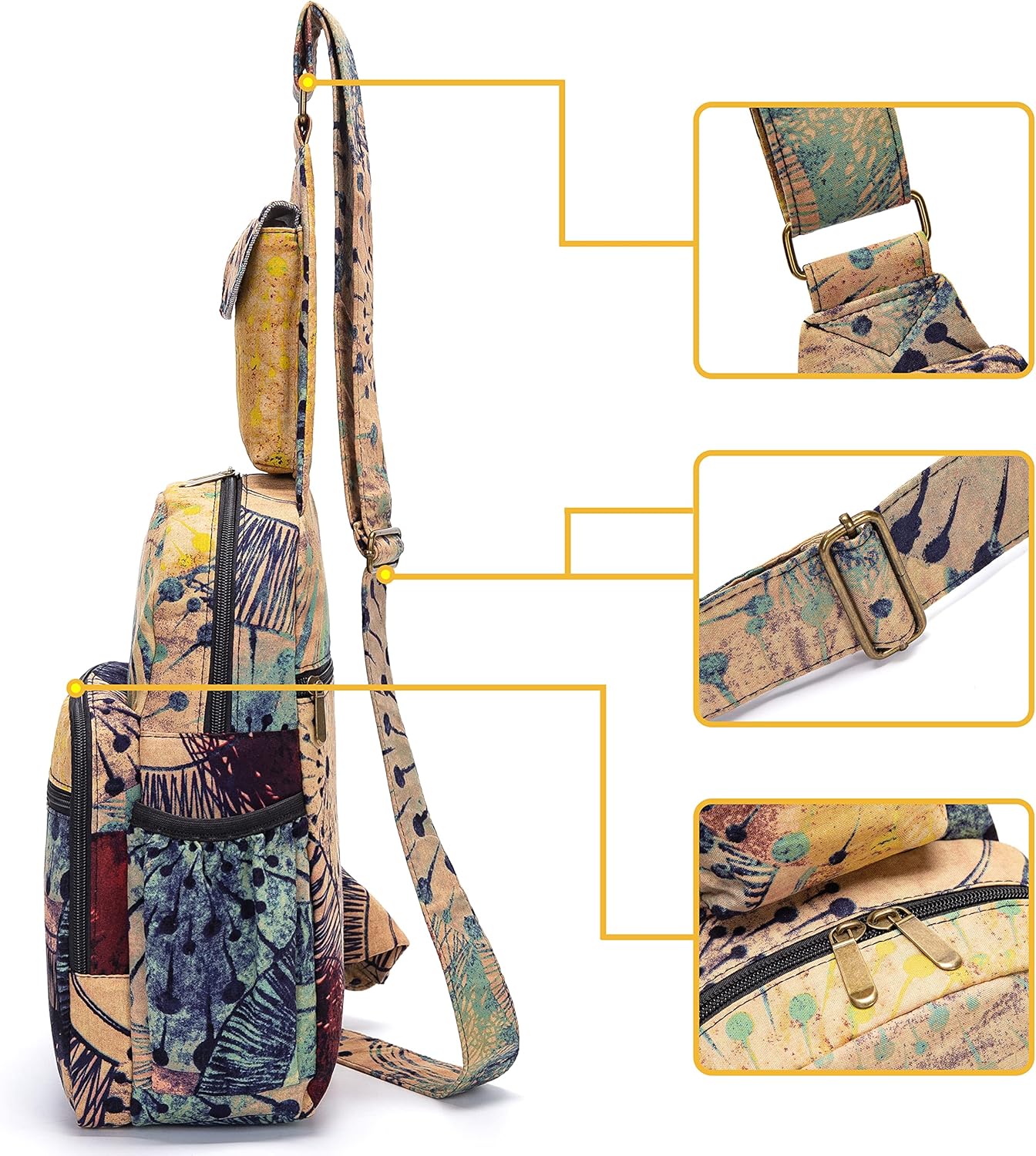Skiennix Women’s Sling Bag - Large Bohemian Canvas Crossbody Bag in Purple & Yellow